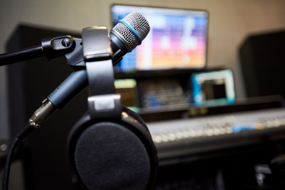 Microphone and headphones in studio